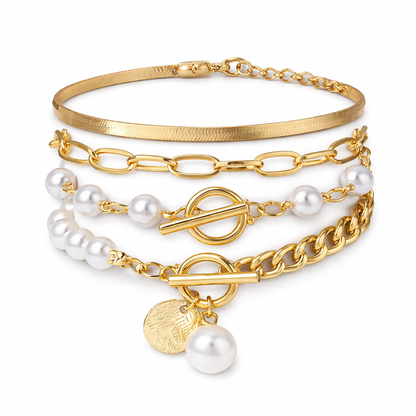 Ensemble de bracelets chic en or 4 pièces – Serpent, perles et maillons