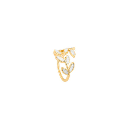 Bague Ajustable en Or avec Feuille et Opale Blanche